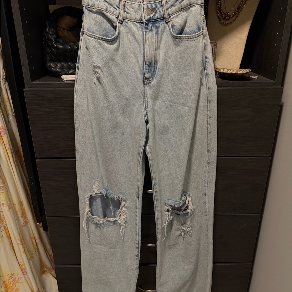 Zara Light Blue Distressed Wide Leg Jeans